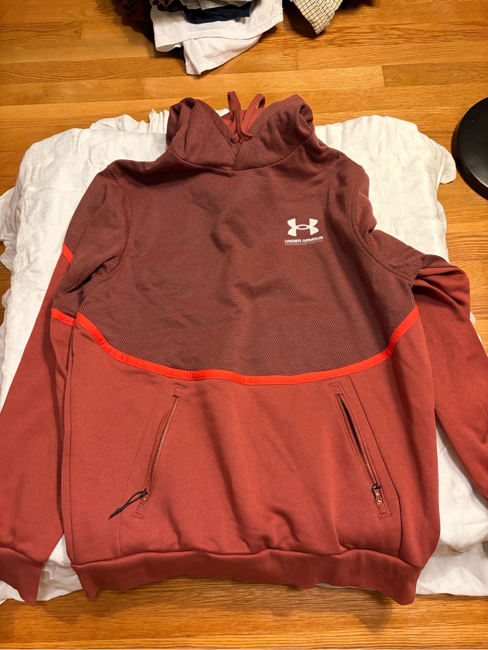 Under Armour Men's Maroon Pullover Hoodie with Orange Trim